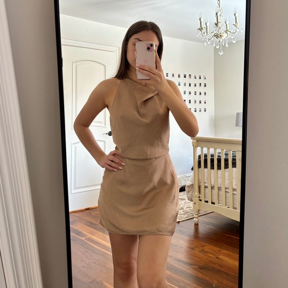 Gold/Tan Satin Halter Dress